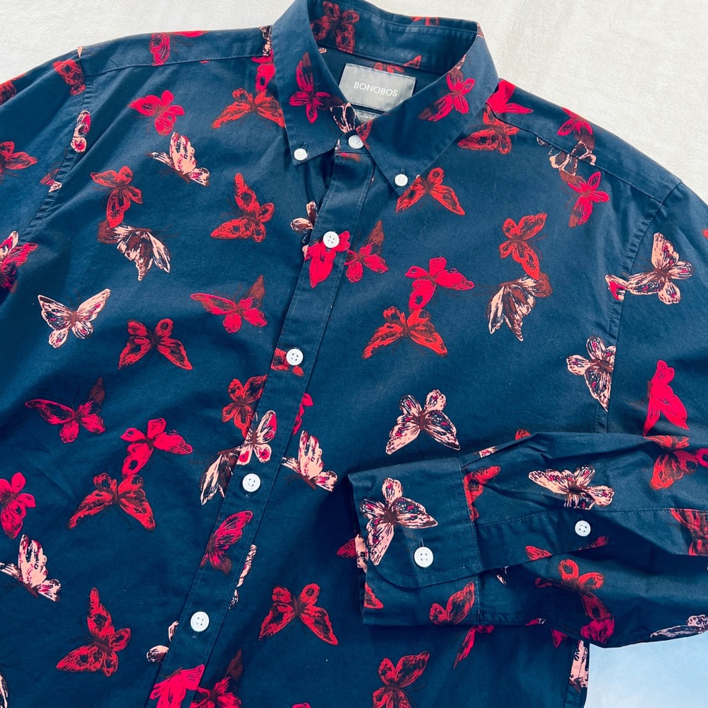 Bonobos Mens Slim Fit Butterfly Print Button Down Shirt Navy Red Size M